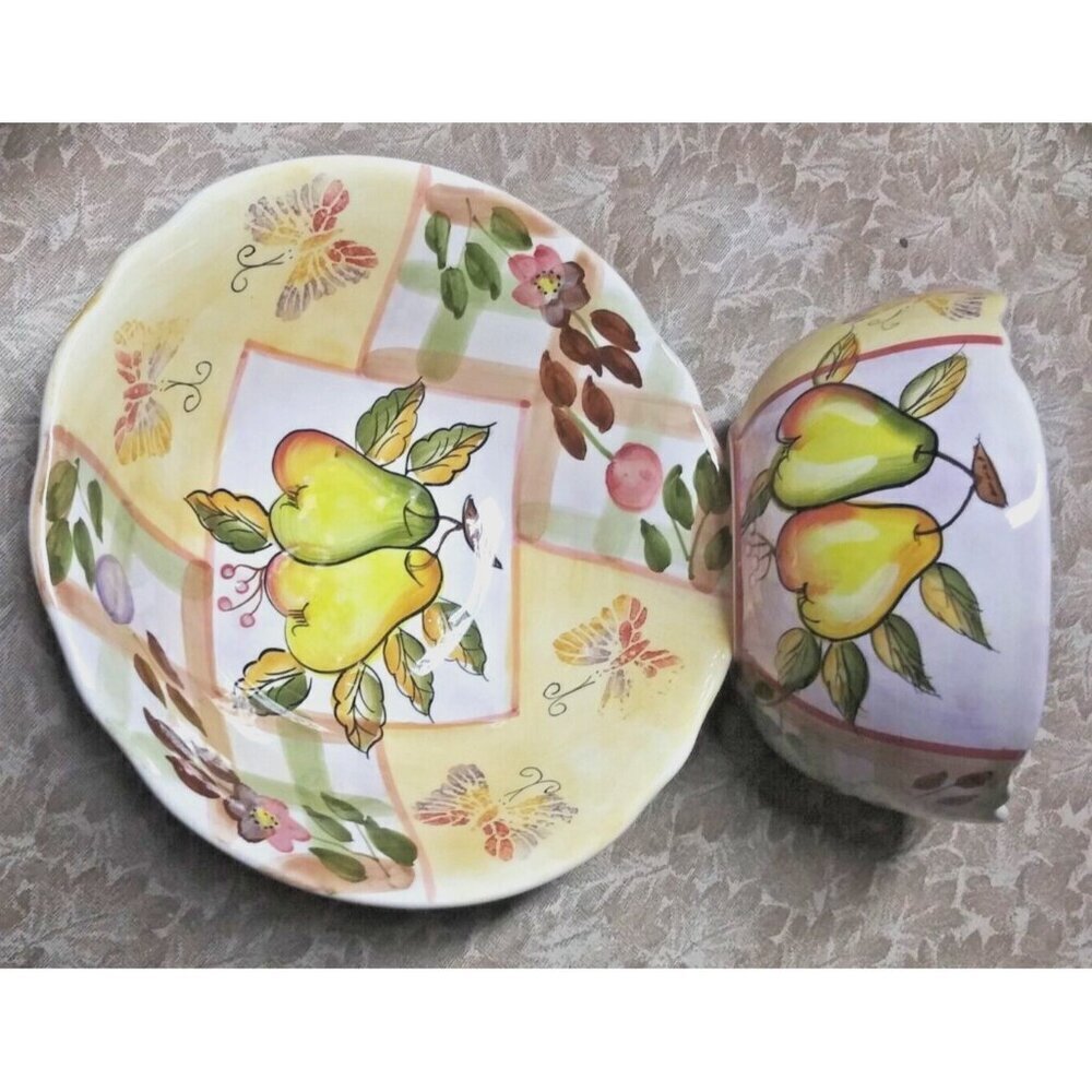 set of 2 Botanical Pattern Soup & Salad Bowls Miriam Designs chunky handpainted